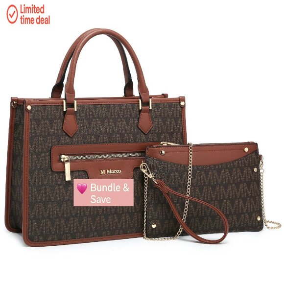 Medium Tote Bag with Wristlet Set, Vegan Leather, Monogram Design - Picture 1 of 8